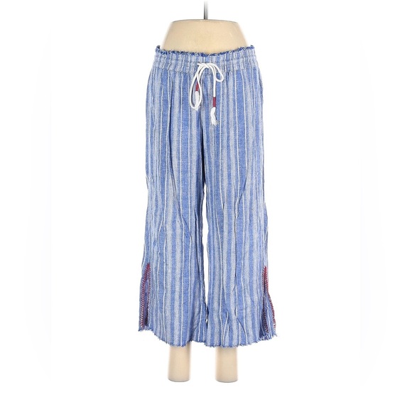 Blue rain blue and white striped linen blend wide leg pants red detail large - Picture 1 of 6